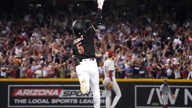 Alek Thomas points to sky after game tying homer in 8th inning against Phillies October 20, 2023